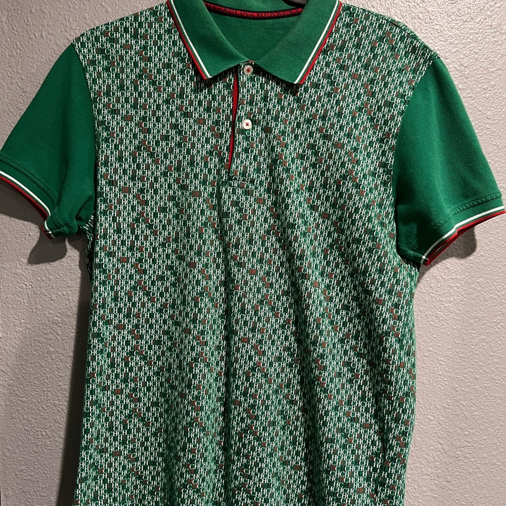 Carolina Herrera Green and Red Patterned Polo Shirt